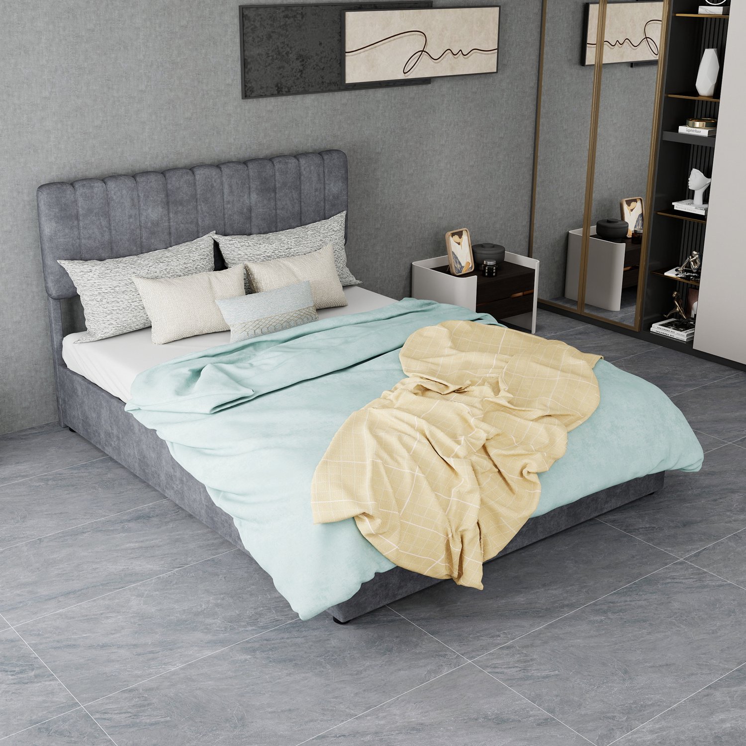 WUVRIE Gestoffeerd bed 140x200 cm - Opbergruimte met gasliftmechanisme en lattenbodem - Grijs
