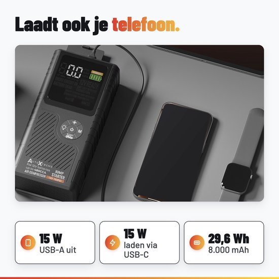 AutoXtreme starthulp als powerbank gebruikt voor het opladen van een telefoon en smartwatch via USB.