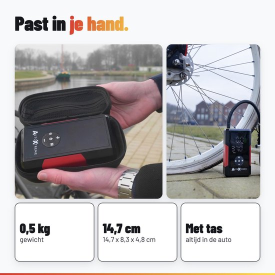 Compacte, zwarte AutoXtreme compressor in beschermtas, gemakkelijk vast te houden met één hand.