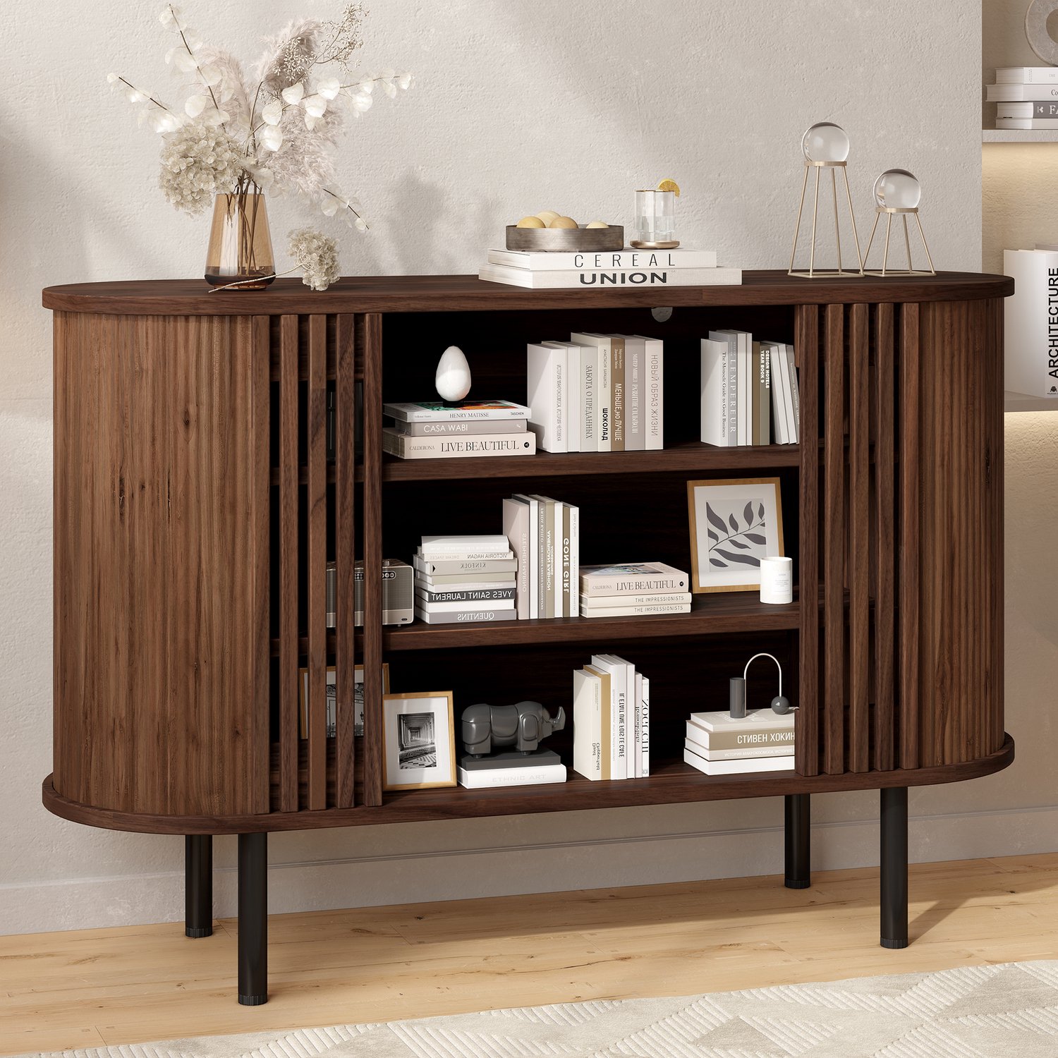 MODENUIT Dressoir - Met 3 Open Vakken - Voor Woonkamer En Eetkamer - MDF - 120x40x80 Cm - Walnootkleur
