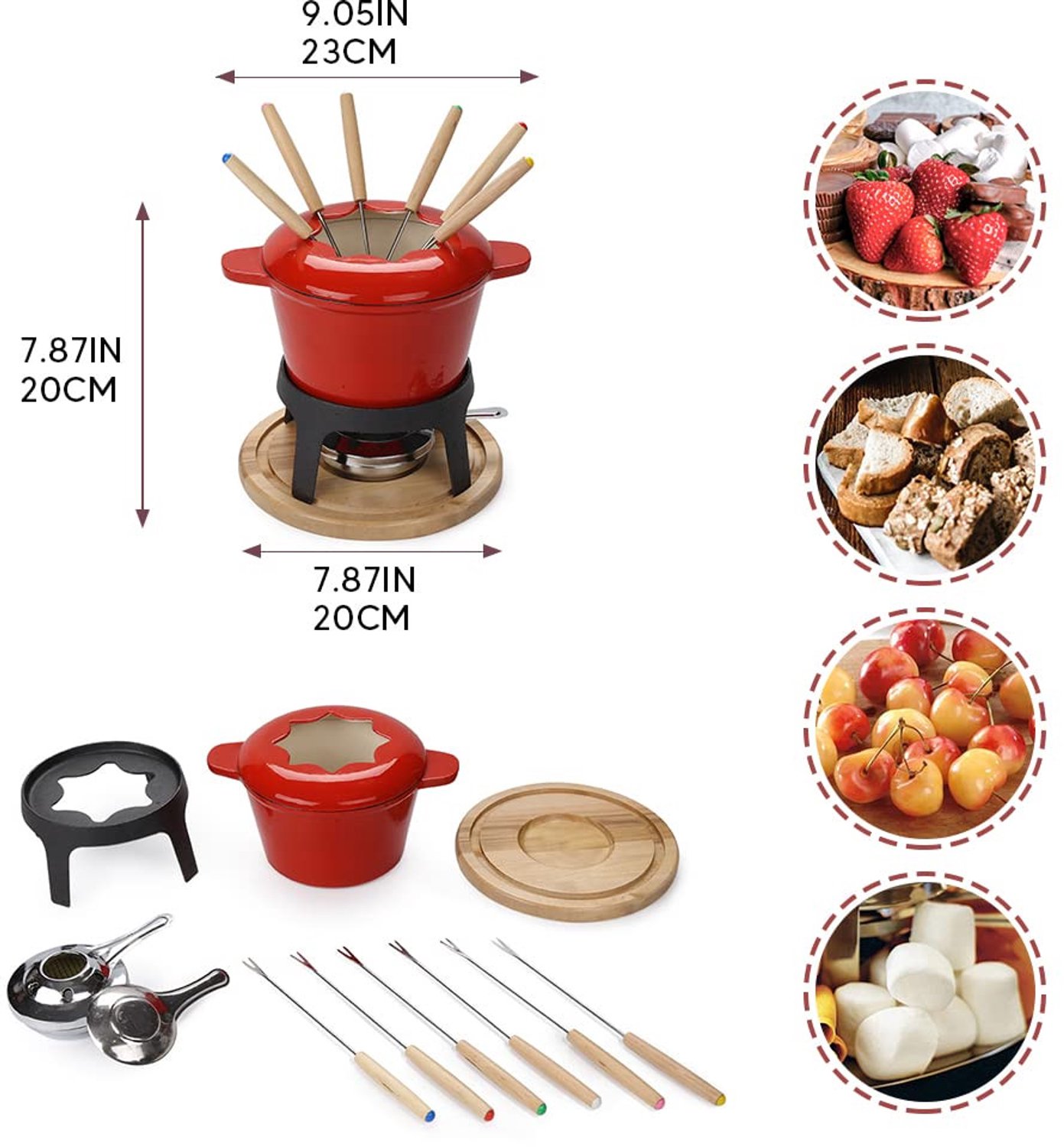 Kaasfondueset Chocolade fondueset Fondue Set Kaasfondue met warmer Gietijzer met 6 Fonduevorken en Brander Geschikt Voor Kaas,Chocolades en Fruit (Rood o2) – foto 5