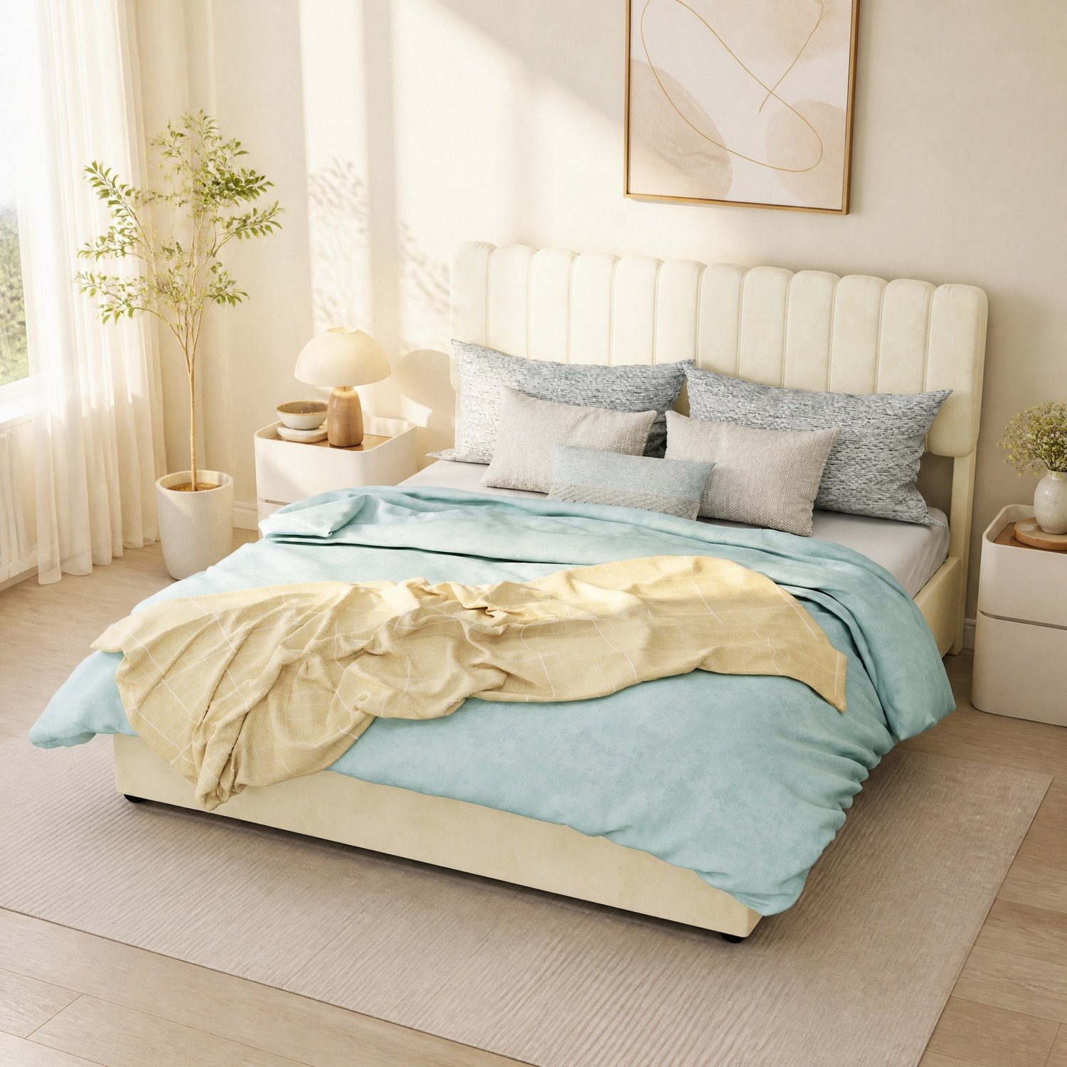 WUVRIE Gestoffeerd bedframe 140x200 cm - Met opbergruimte, gasveer en lattenbodem - Beige