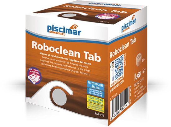 Oranje Piscimar Roboclean Tab verpakking voor zwembadrobotreiniging, geschikt voor zoutelektrolyse en alle oppervlakken.