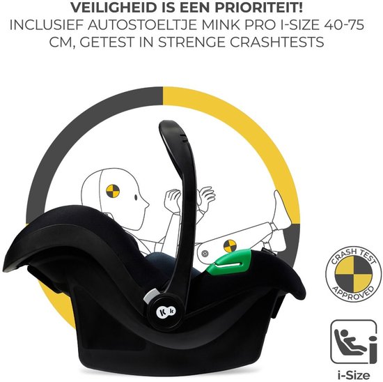 Zwart Mink Pro i-Size autostoeltje voor kinderen 40-75 cm, met crash-test goedkeuring.