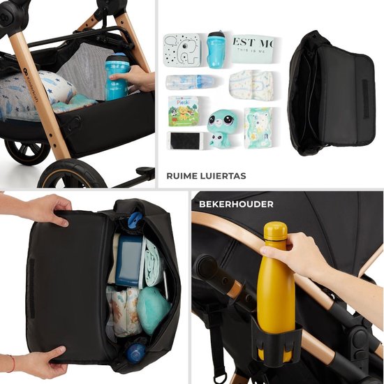 Ruime luiertas voor accessoires en een zwarte bekerhouder bevestigd aan het frame van de kinderwagen.