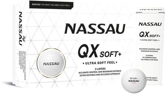 Witte doos met Nassau QX Soft+ golfballen en twee losse ballen met 'Nassau' opdruk.