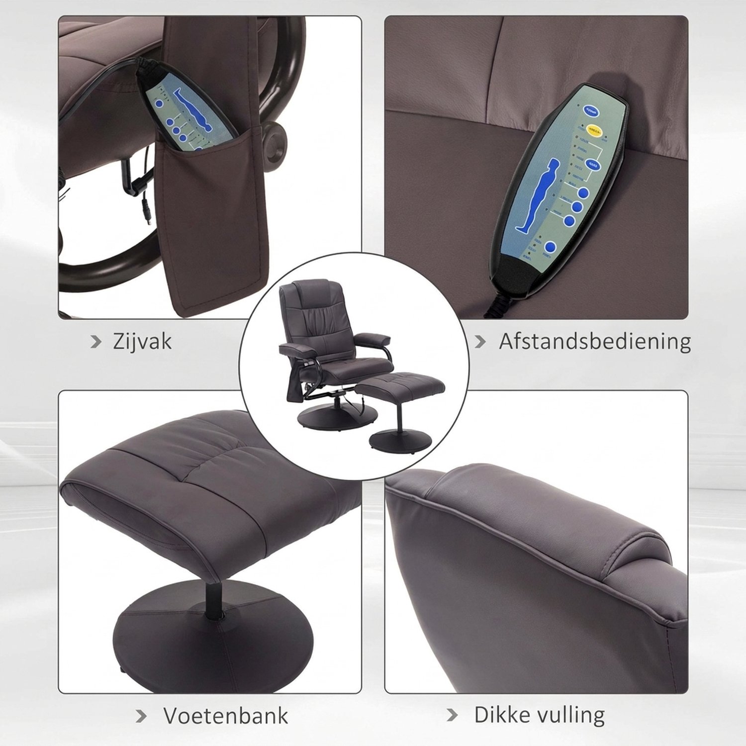 HOMCOM massagestoel met voetenbank 10 vibratiestanden - Relaxstoel kantelbaar 145 graden - Tv-fauteuil massage - Bruin – foto 6