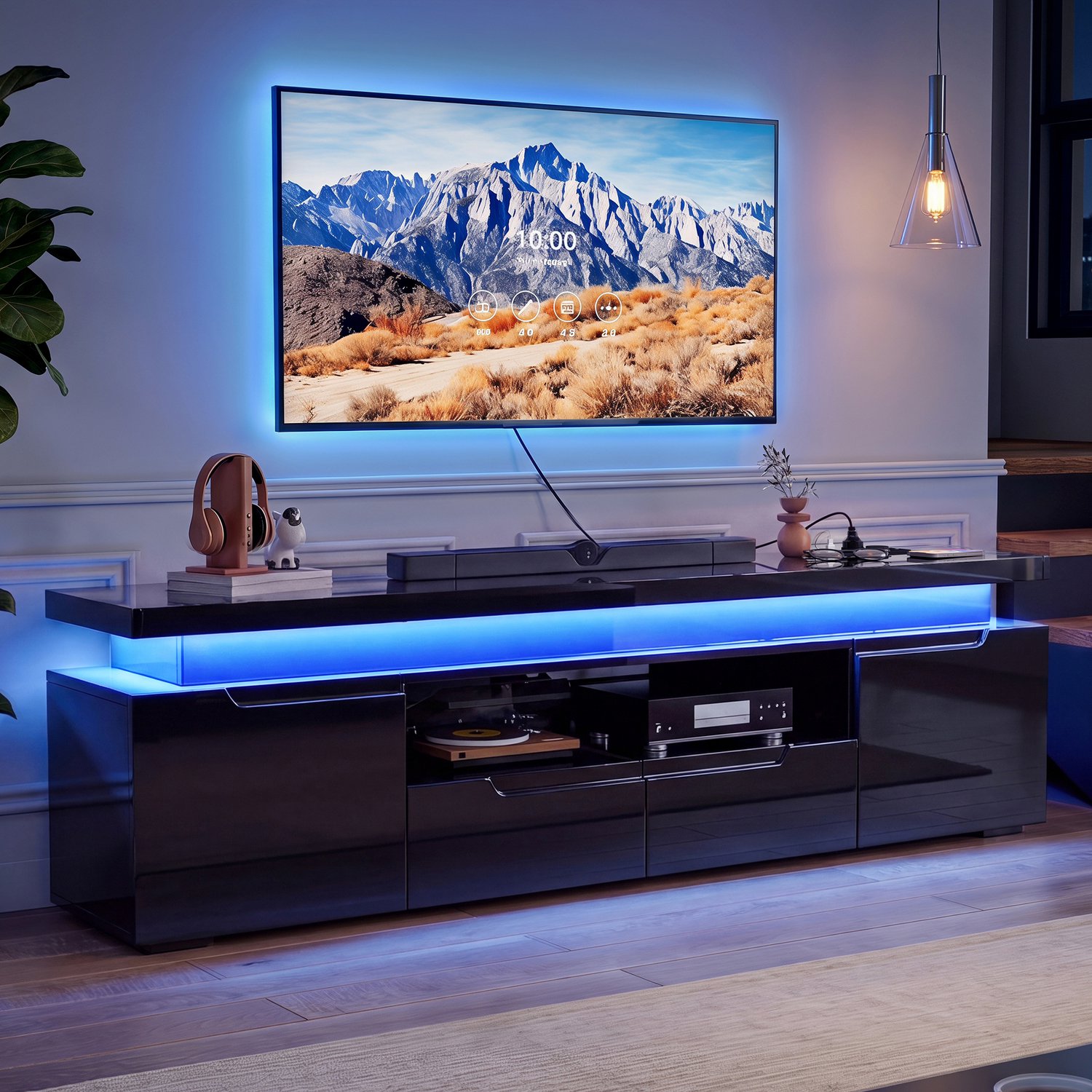 TV Meubel Zwart, Glanzende tv-kast met led-verlichting en oplaadpoorten, 2 Deuren En 2 Lade En Open Vak, 180x35x52cm, Voor Televisie Tot 75 Inch