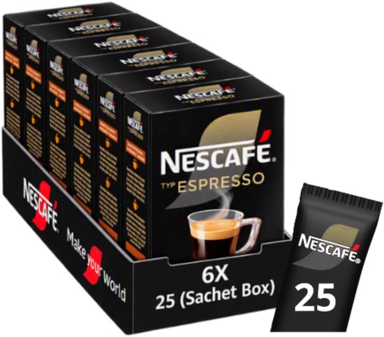 Displaydoos met 6 verpakkingen Nescafé Espresso, totaal 150 zakjes, elk 25 stuks, zwarte verpakking.