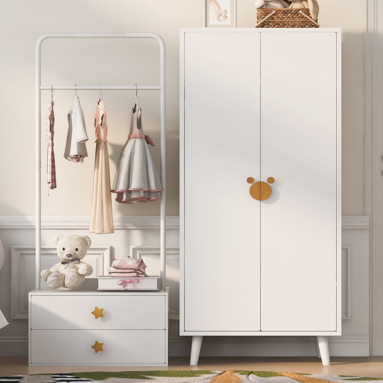 Wishdor Kledingkast met dubbele deuren - Hanggedeelte en opbergruimte - Cartoonvormige handgrepen en verhoogde poten - Voor kinderkamer en slaapkamer - MDF, hout, metaal en multiplex - Wit en houtkleur - 70 x 55 x 170 cm