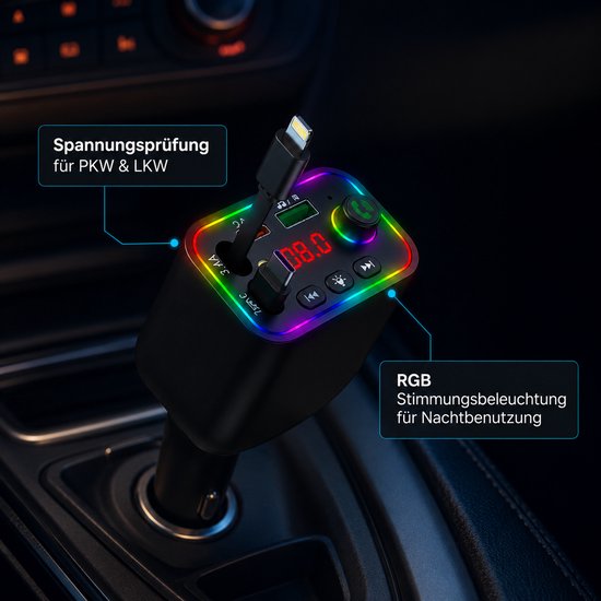 Transmiter Bluetooth-FM do samochodu, PD 3.0/PP/PPSQC 4.0+AFC – transmiter samochodowy z funkcją szybkiego ładowania Transmiter Bluetooth-FM do samochodu z dwoma chowanymi kablami, podświetleniem ambientowym RGB oraz funkcją szybkiego ładowania PD — afbeelding 3