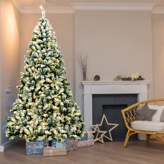 KOMFOTTEU Kunstkerstboom met leds, warmwit - kunstdennenboom wit met sneeuw - decoratieve boom voor Kerstmis, pvc-naalden en metalen standaard (225 cm）