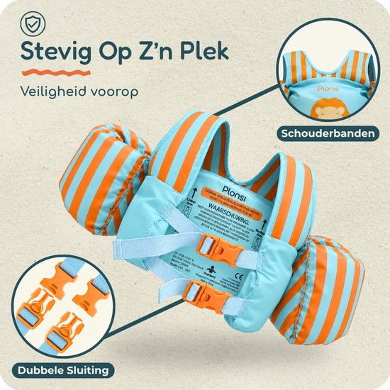 Plonsi zwemvest met details over de schouderbanden en dubbele sluiting, voorzien van veiligheidswaarschuwing.
