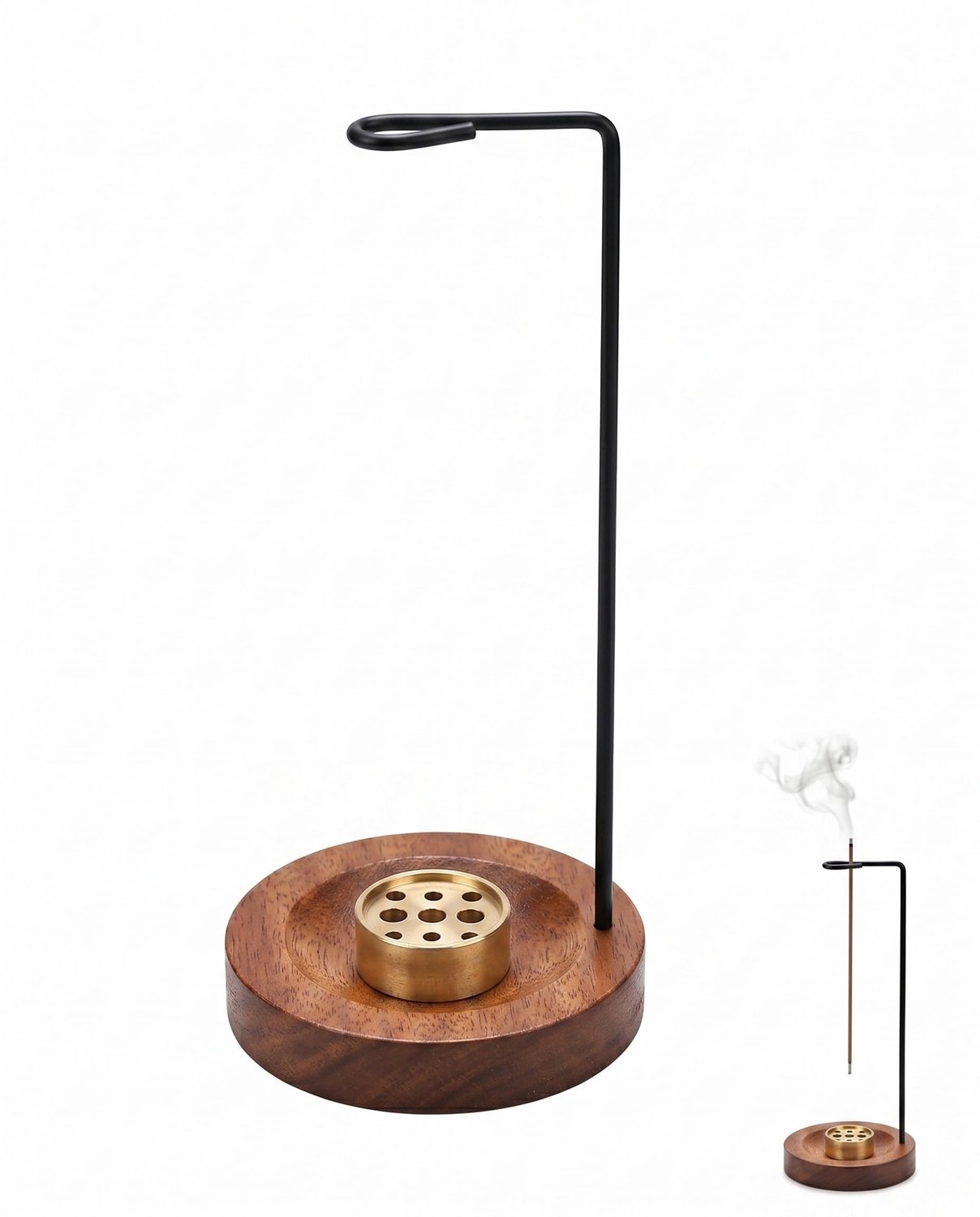 Wierookhouder en Brander - Houten Sokkel met Messingkleurige Standaard