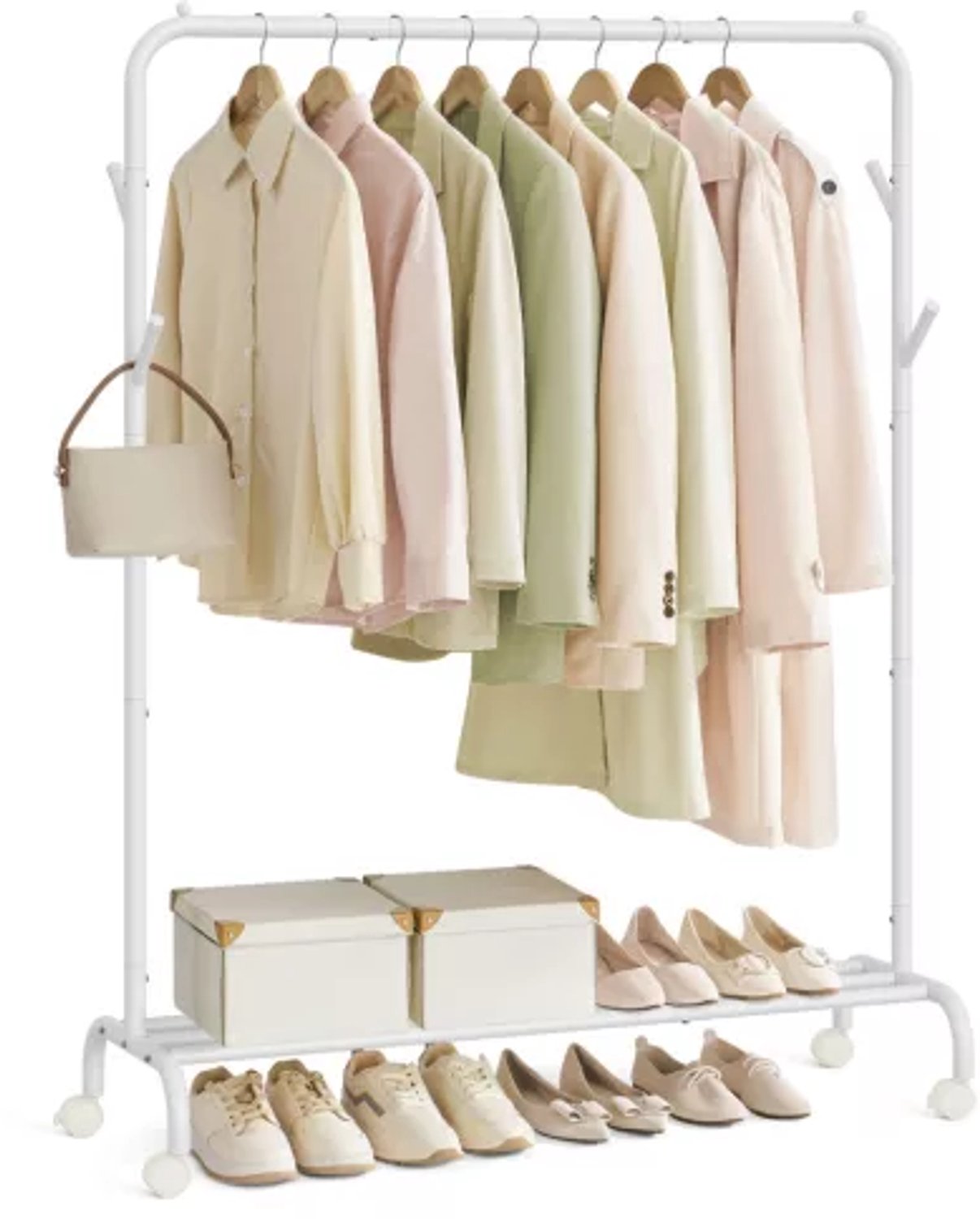 HOME Ezel voor Kleding, met Wielen, Staalbuis, Lading 50 Kg Kapstok Ezel met 1 Bar, Breedte 103,5 cm, Multifunctionele Opslag, Mat Wit, DECOR Collectie