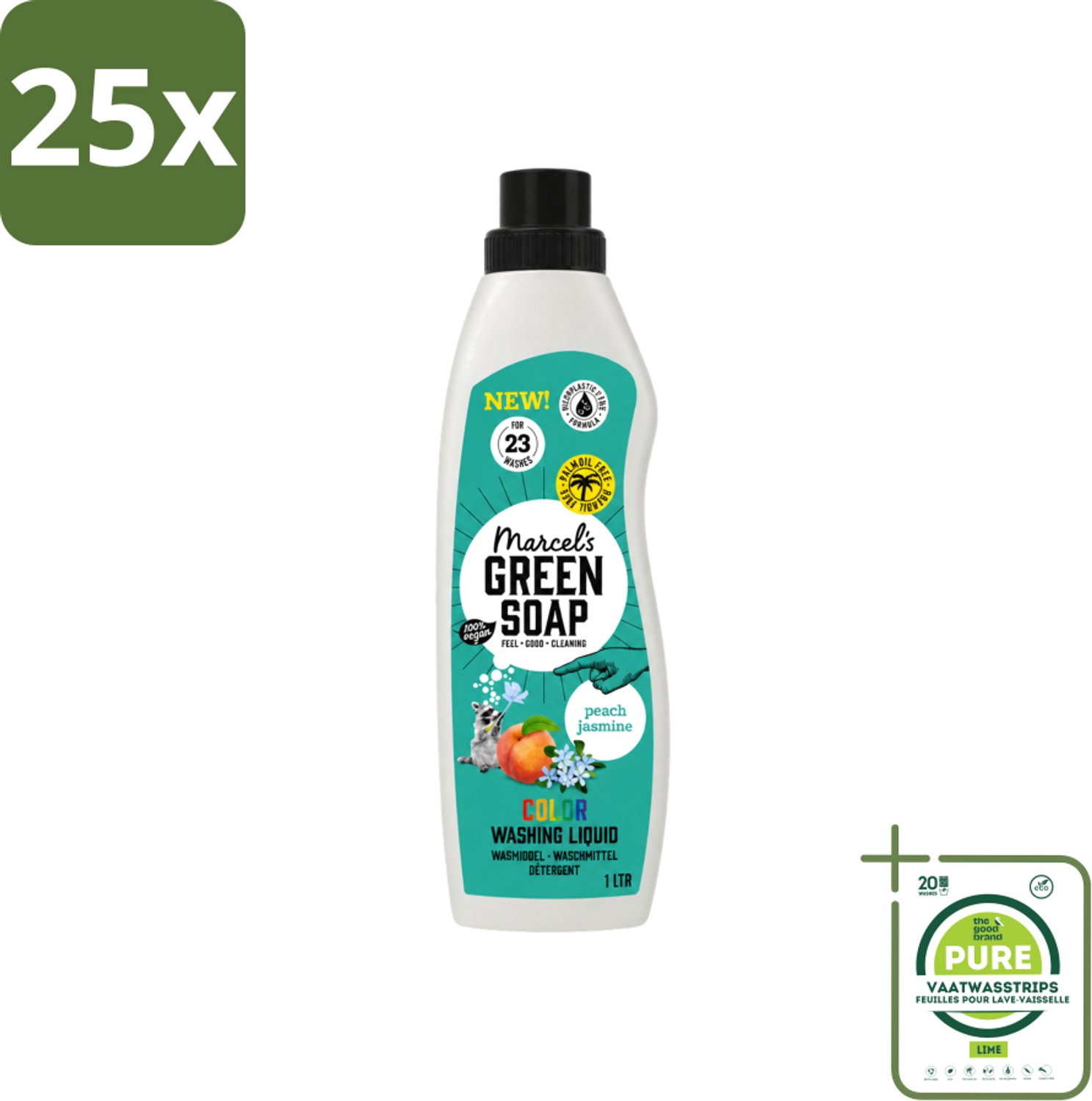 25 x Marcel's Green Soap - Vloeibaar Wasmiddel - Kleur - Perzik & Jasmijn - Effectief & natuurlijk - 23 Wasbeurten - 1 liter - Grootverpakking - Vaatwasstrips - Wasmiddel - Natuurlijk Wasmiddel - Kleur Behoud - Duurzaam Wasmiddel - Palmolie Vrij