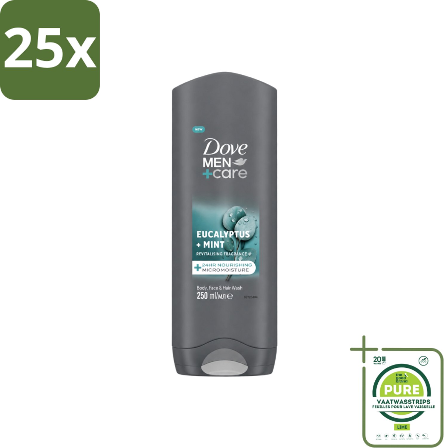 25 x Dove Men+Care Douchegel - Eucalyptus & Mint - 250 ml - Grootverpakking - Vaatwasstrips - Douchegel Voor Mannen - Hydratatie Huid - Verzorging Gezicht - Verzorging Haar - Eucalyptus En Munt