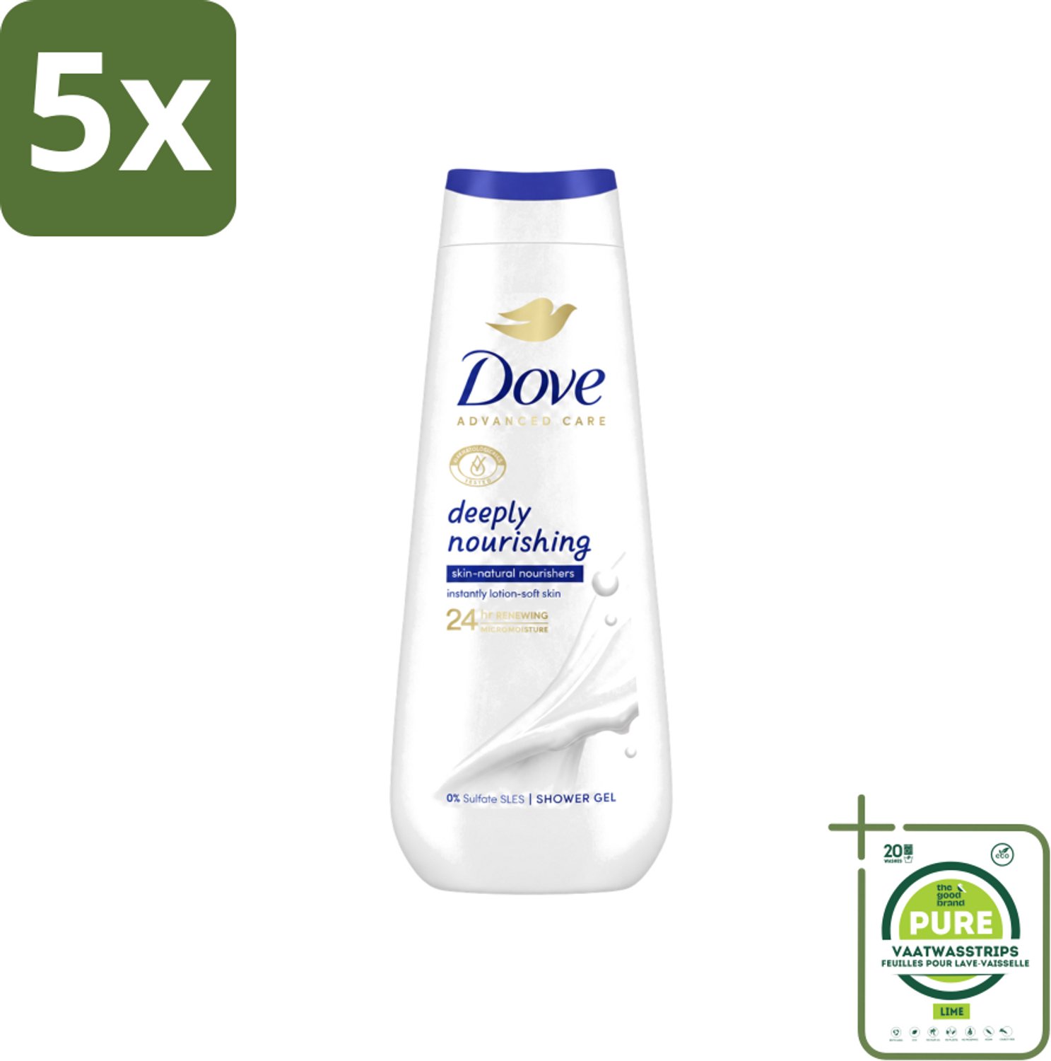 5 x Dove Douchecrème - Deeply Nourishing - 600 ml - Grootverpakking - Vaatwasstrips - Douchegel - Huidverzorging - Droge Huid - Hydratatie - Micromoisture