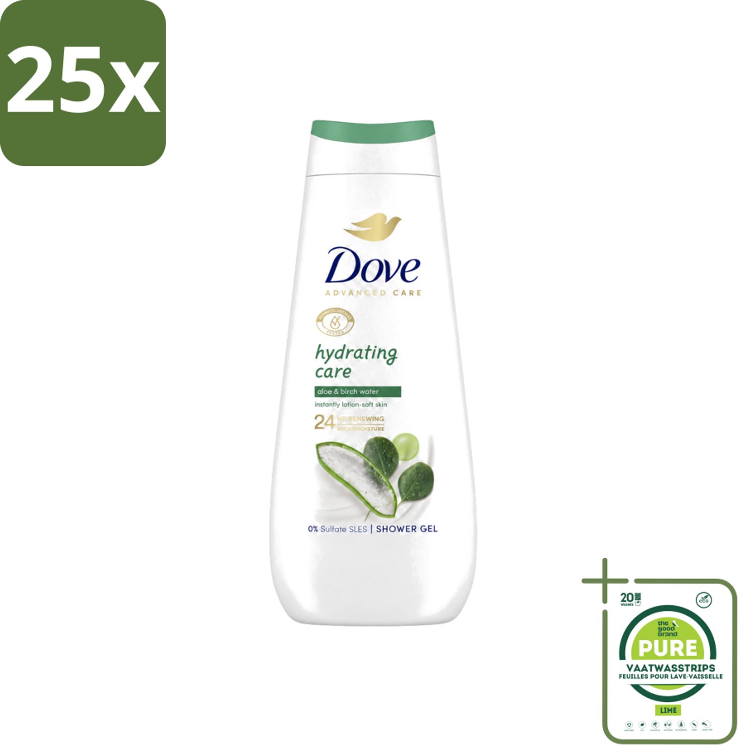 25 x Dove Douchecrème - Hydrating Care - Aloe Vera - 400 ml - Grootverpakking - Vaatwasstrips - Douchecrème - Hydraterende Douchegel - Droge Huid - Aloë Vera - Berkenwater