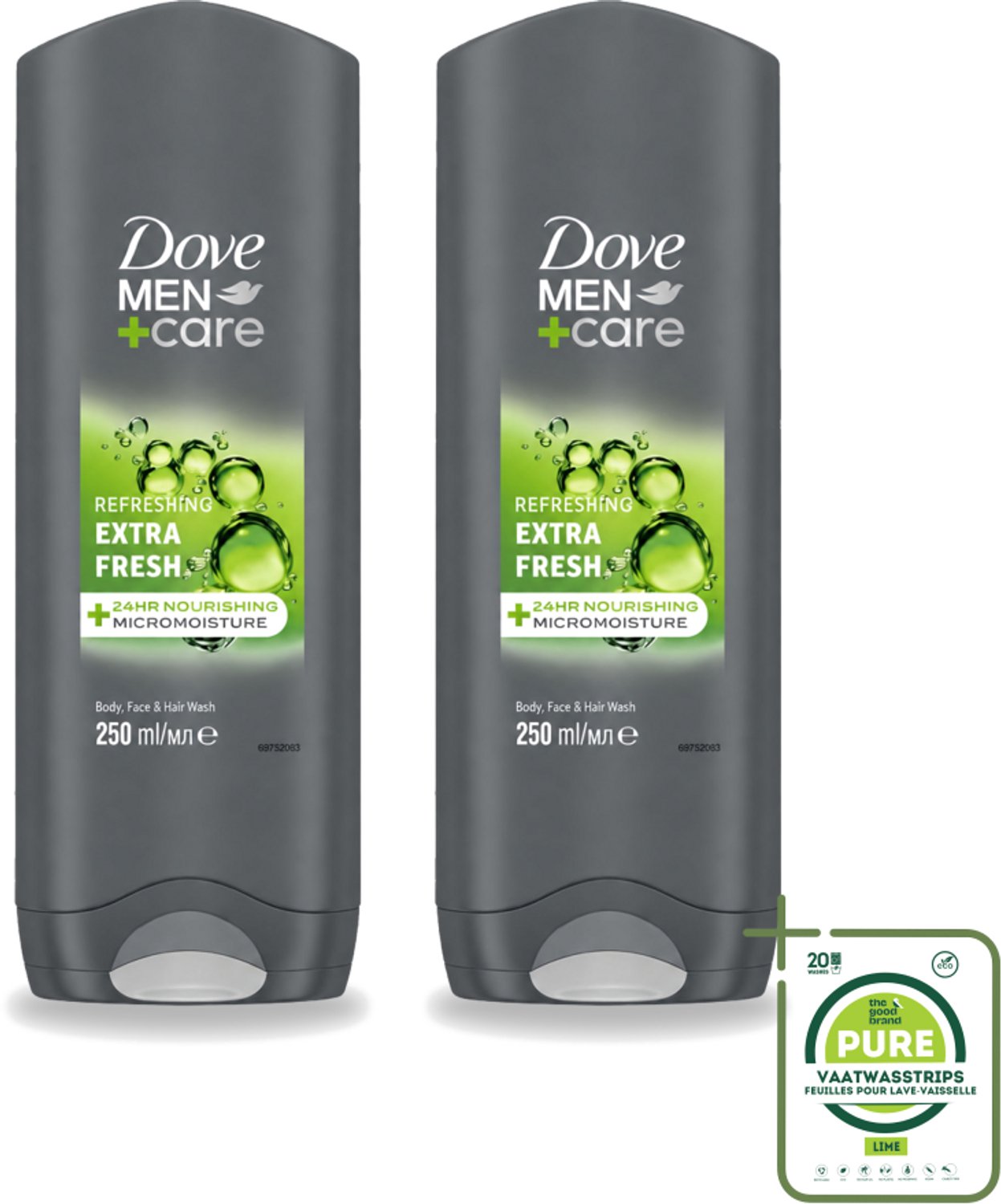 2 x Dove Men+Care Douchegel - Extra Fresh - 250 ml - Grootverpakking - Vaatwasstrips - Douchegel Voor Mannen - Frisse Geur - Huidverzorging - Uitdroging Voorkomen - MICROMOISTURE™ Technologie
