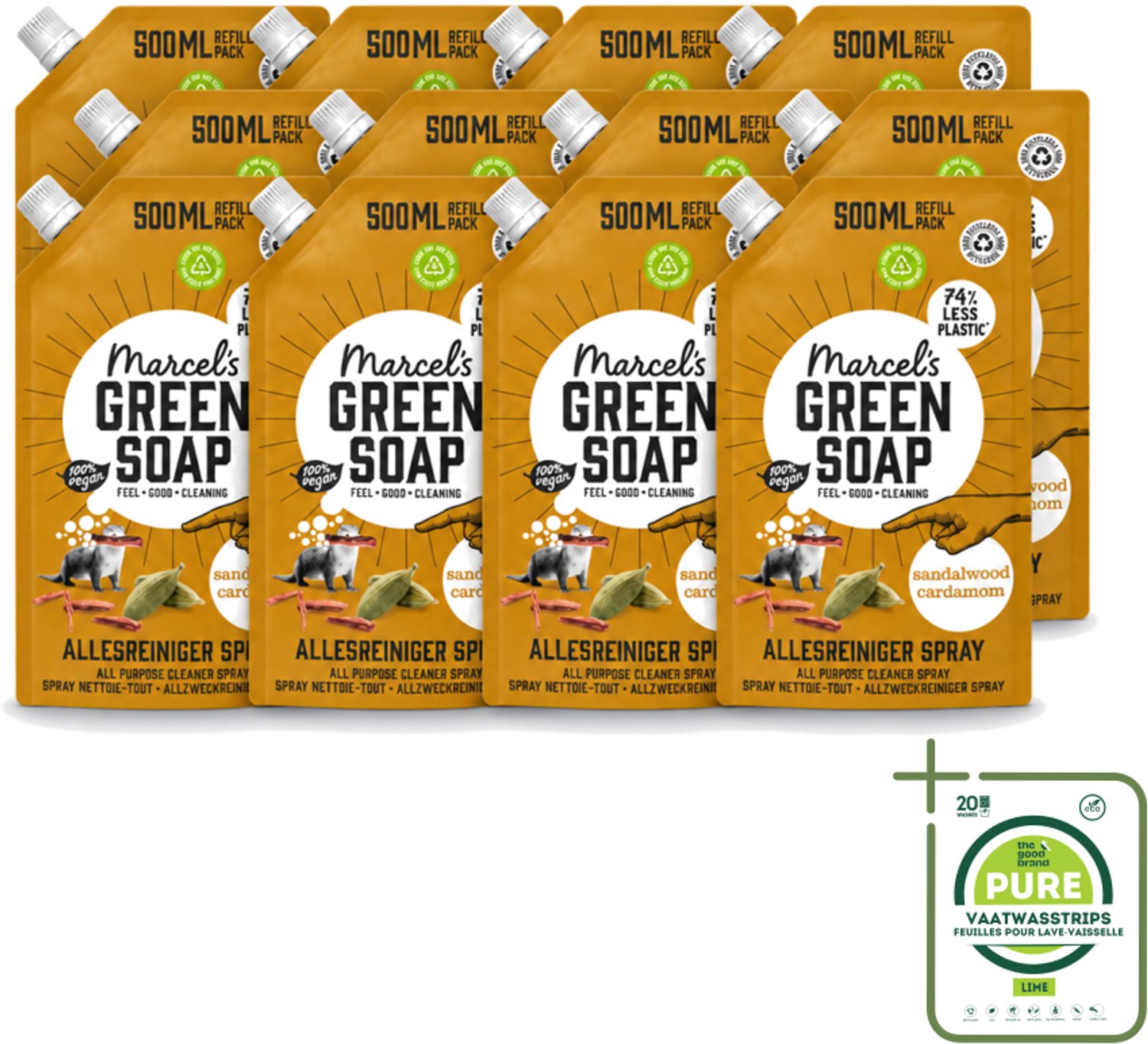 12 x Marcel's Green Soap - Allesreiniger Spray - Navulling - Sandelhout & Kardemon - Frisse reiniging - 500 ml - Grootverpakking - Vaatwasstrips - Allesreiniger Spray - Natuurlijke Reiniger - Sandelhout Geur - Kardemom Geur - Biologisch Afbreekbaar
