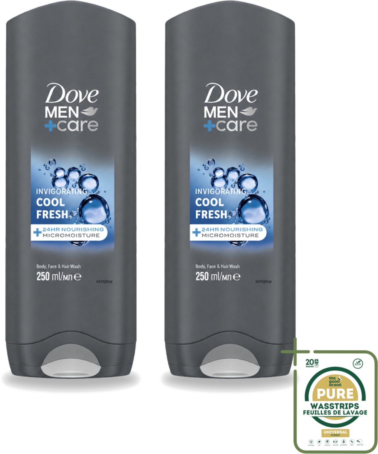 2 x Dove Men+Care Douchegel - Cool Fresh - 250 ml - Wasstrips - Douchegel Voor Mannen - Hydraterend Douchegel - Douchegel Voor Droge Huid - Douchegel Voor Gezicht En Lichaam - Verfrissende Douchegel