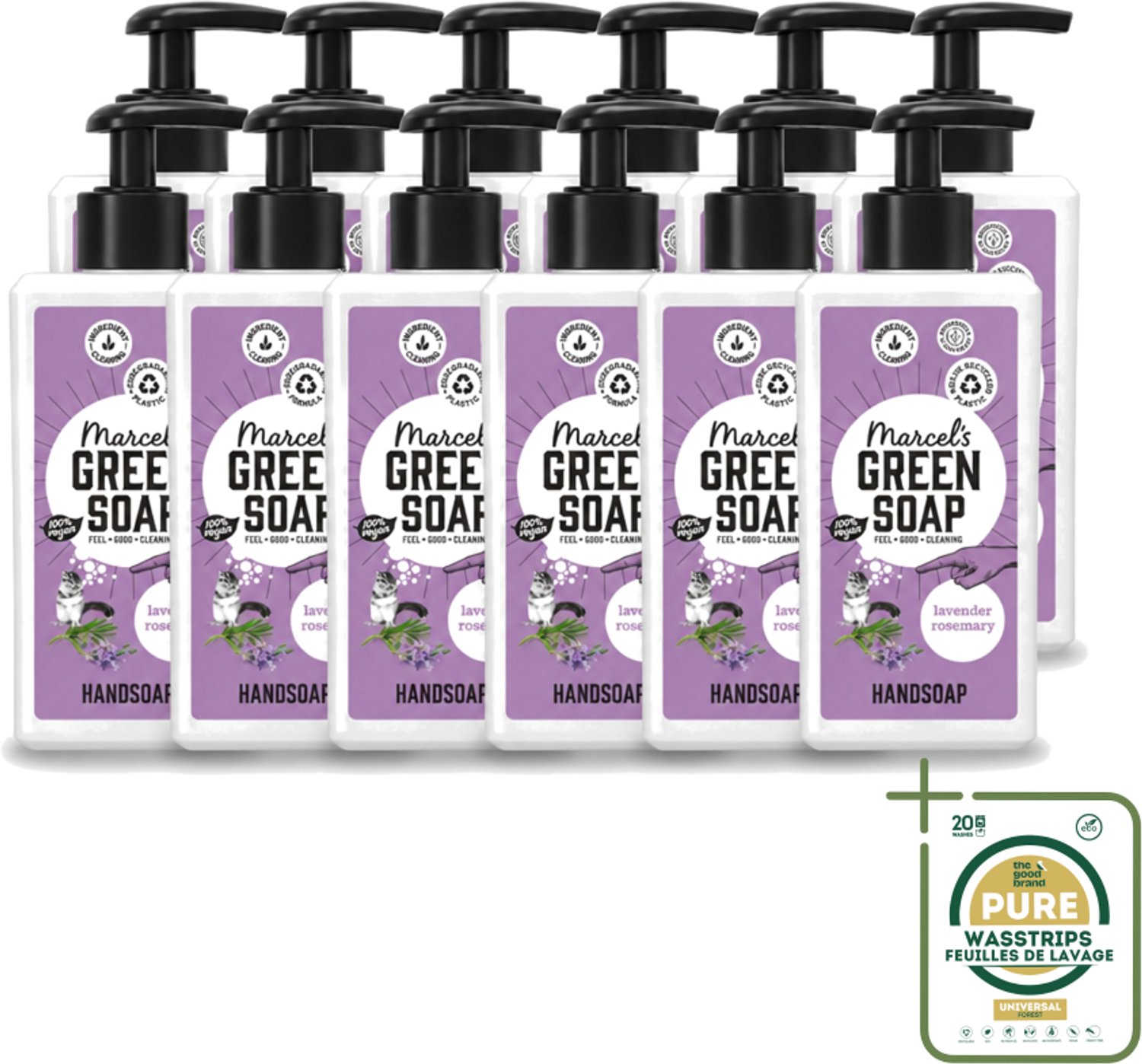 12 x Marcel's Green Soap - Handzeep - Lavendel & Rozemarijn - Zachte verzorging - 250 ml - Wasstrips - Handzeep - Handzeep Lavendel - Handzeep Rozemarijn - Natuurlijke Handzeep - Handen Verzorgen