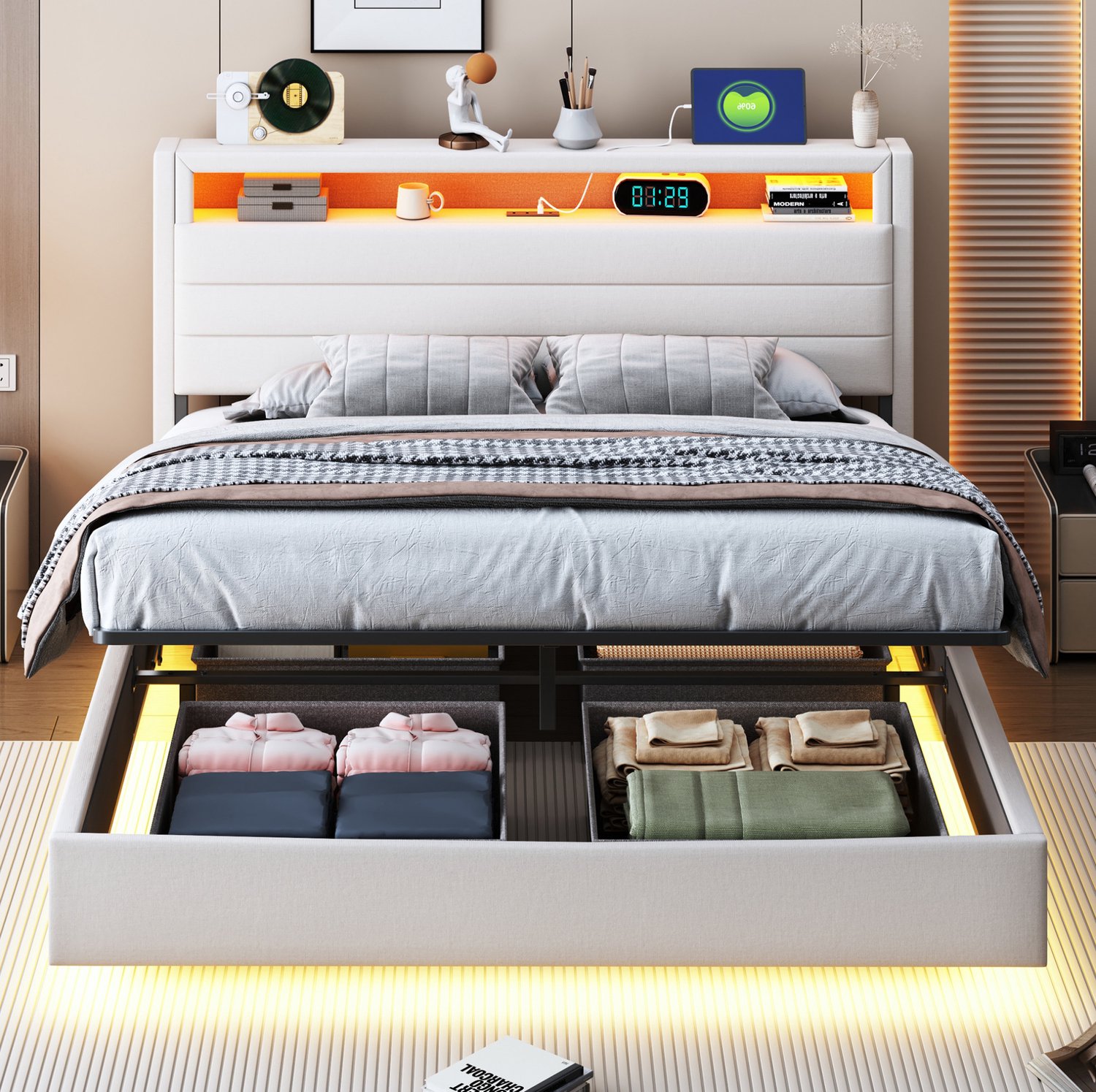 Wishdor Tweepersoonsbed 140x200 cm - Hydraulische opbergruimte en draaibaar hoofdbord - LED-verlichting en USB-aansluiting - Zwevende uitstraling - Linnen bekleding - Beige Grijs/beige