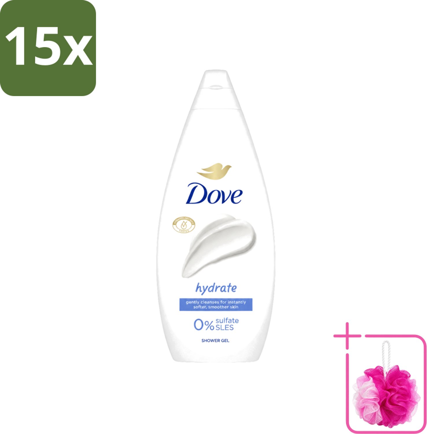 15 x Dove Douchecrème - Hydrate - 720 ml - Bulkverpakking - Hydratatie - Douchemop - Droge huid