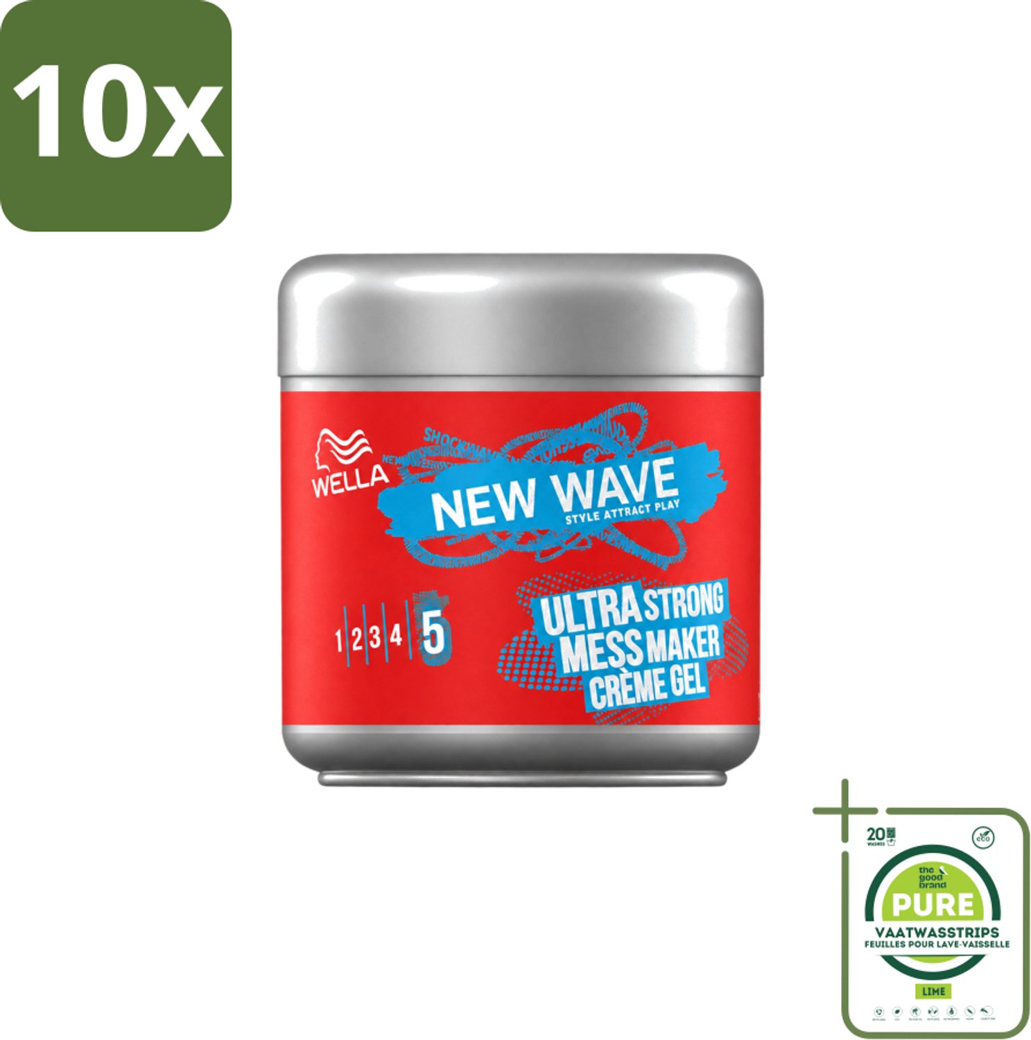 10 x Wella – New Wave Mess Maker Ultra Strong – Haargel – 150 ml - Grootverpakking - Vaatwasstrips - Warrige Look - Haarstyling - Haarfixatie - Crème-gel - Natuurlijke Textuur