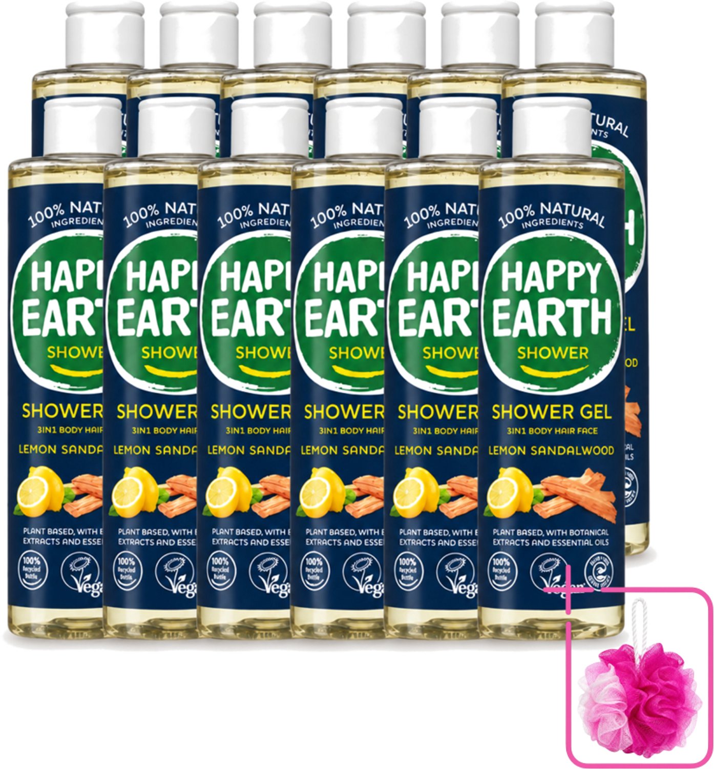 12 x Happy Earth – Douchegel – 100% Natuurlijke Douchegel Lemon Sandalwood – 300 ml - Bulkverpakking - Douchegel mannen - Douchemop - Natuurlijke douchegel