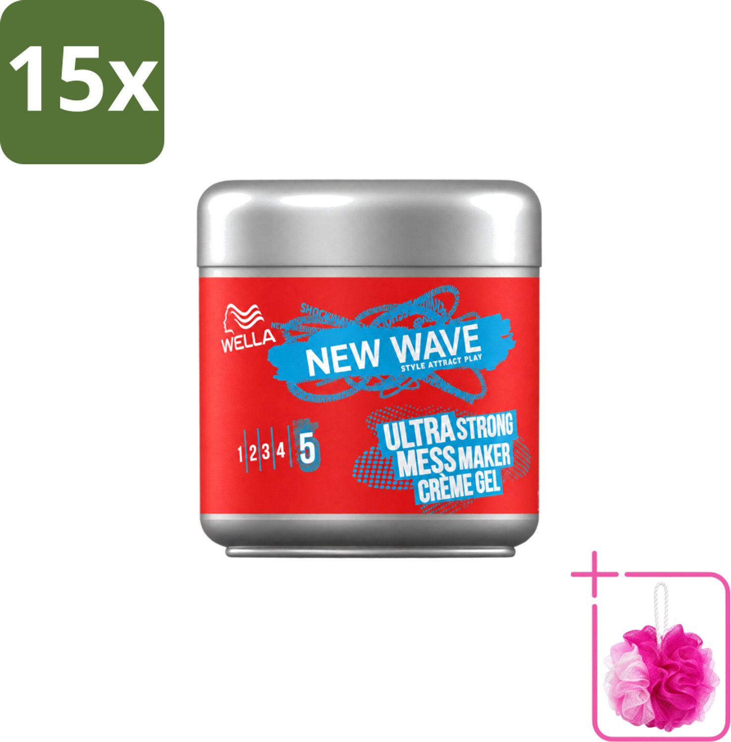 15 x Wella – New Wave Mess Maker Ultra Strong – Haargel – 150 ml - Bulkverpakking - Warrige look - Douchemop - Haarstyling