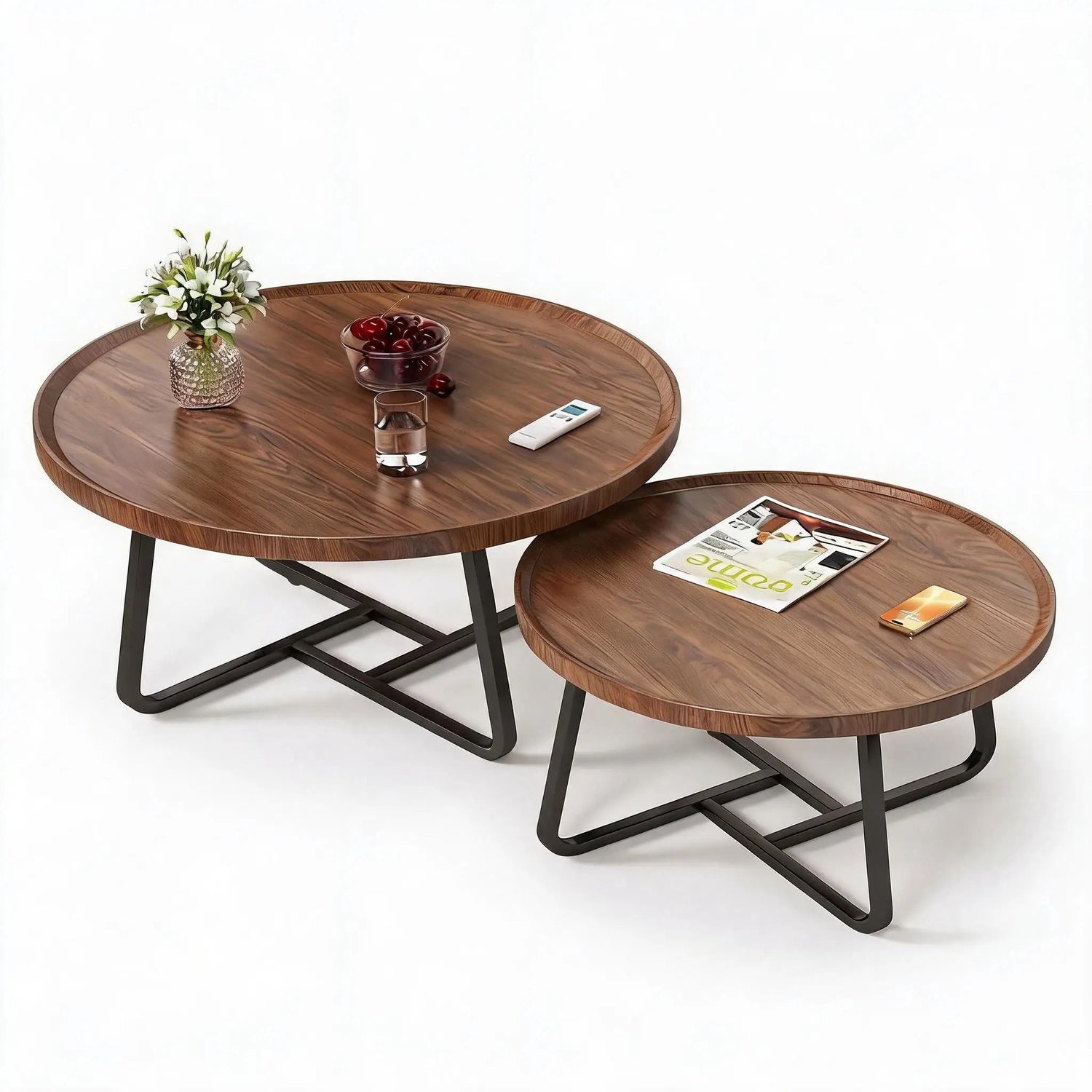 Gudalio Salontafel - Set van 2 - Bijzettafel - Koffietafel - Banktafel - Moderne stijl - Metalen Poten - Houten Blad - Rond