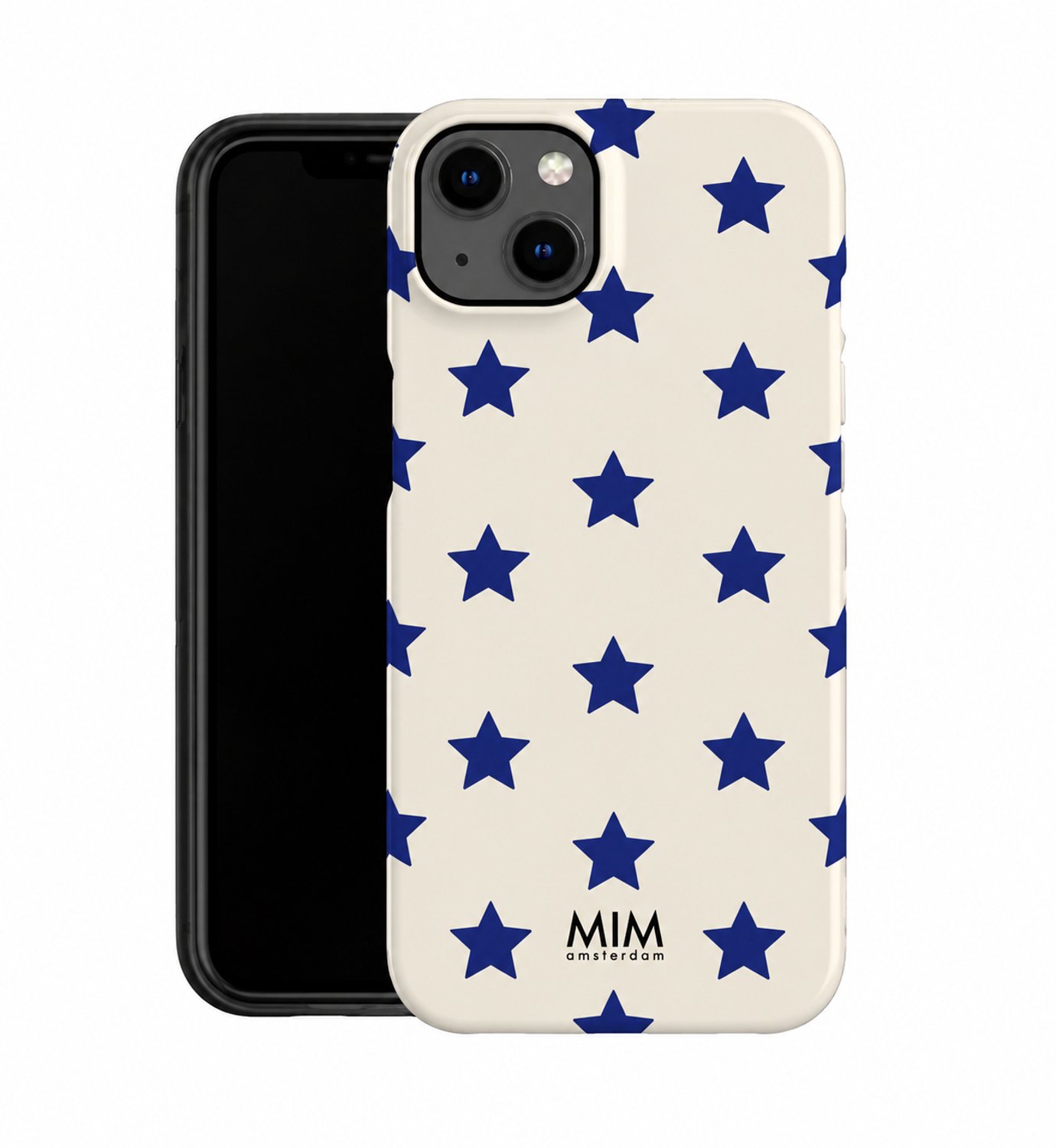 MIM Amsterdam - Starlight - Geschikt voor iPhone 15 - Telefoonhoesje - Shockproof Case - Beige met Donkerblauwe Sterren – Star Design - Beschermhoes - Trendy Phone Case