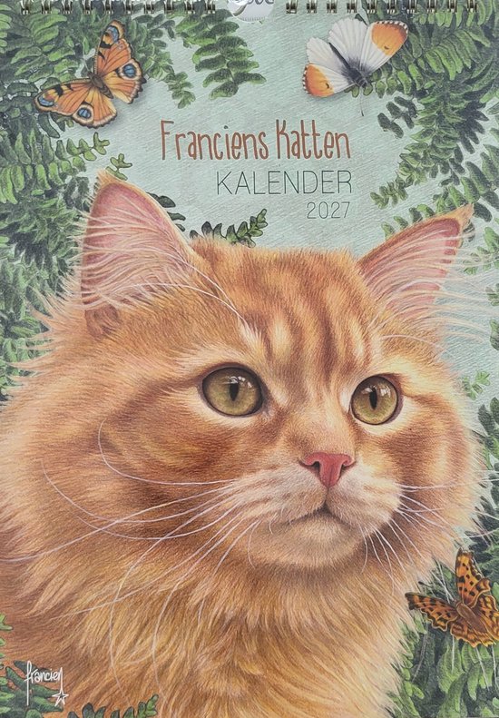Franciens Katten kalender 2027 met een gedetailleerde illustratie van een oranje kat en vlinders tussen varens.