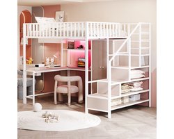 KOMHTOM - Hoogslaper - 140x200 cm - Wit - LED-verlichting - Opbergruimte - Ladder - Bureau - Planken