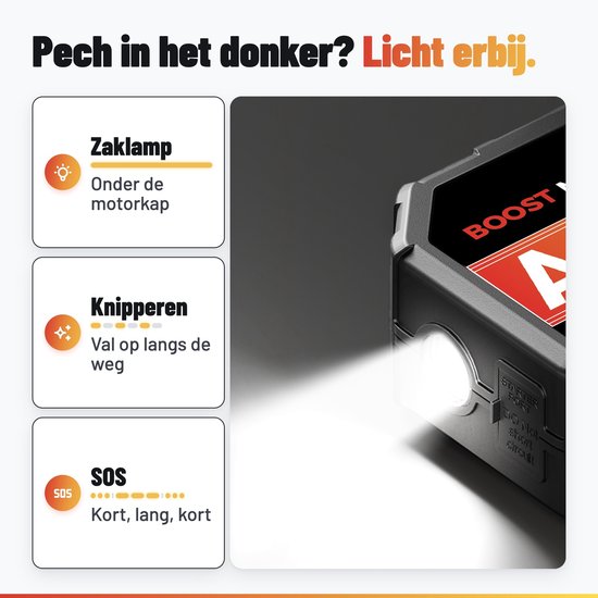 AutoXtreme jumpstarter met ingebouwde zaklamp en SOS-modus.