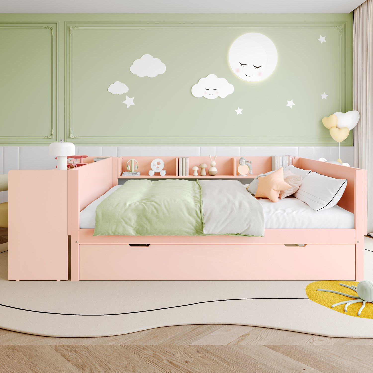 WUVRIE Tweepersoonsbed 140x200 cm - Met uitschuifbed, bureau en 3 planken - Roze