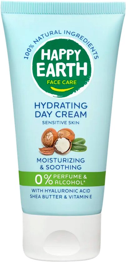 Lichtblauwe tube Happy Earth hydraterende dagcrème met sheaboter en hyaluronzuur, 50ml.