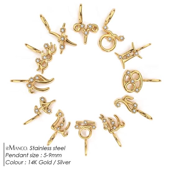 Gouden zodiak-hangers van roestvrij staal met ingezette kristallen in een cirkelvormige schikking.