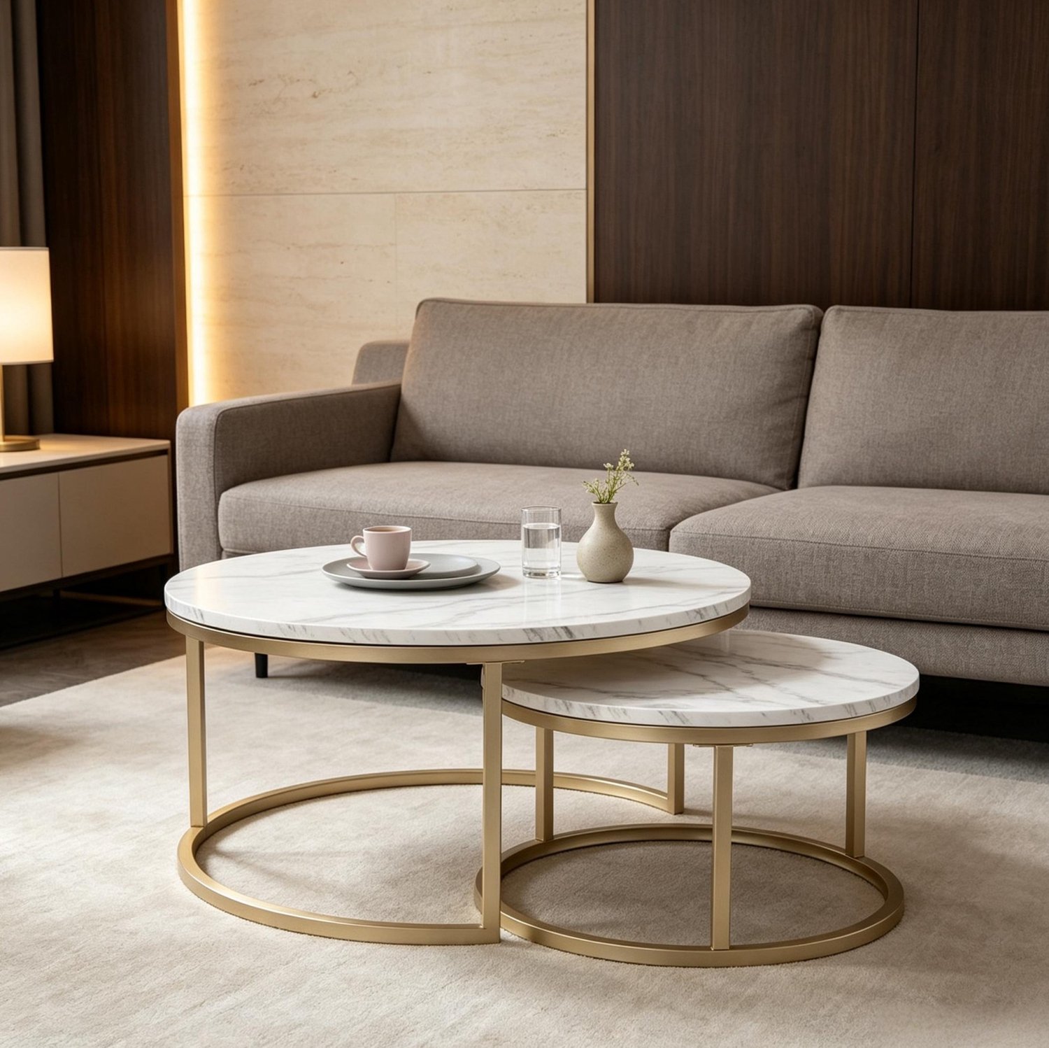 CHICFURN Salontafelset - Nestbaar - 2 ronde tafels - Wit Wit en goud