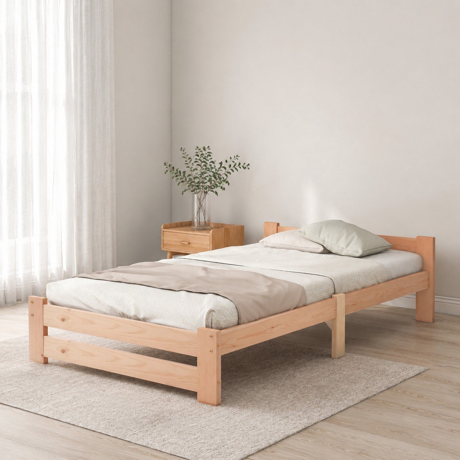 WUVRIE Eenpersoonsbed 90x200 cm - Grenenhout met hoofdbord en lattenbodem - Naturel Natuurlijk hout