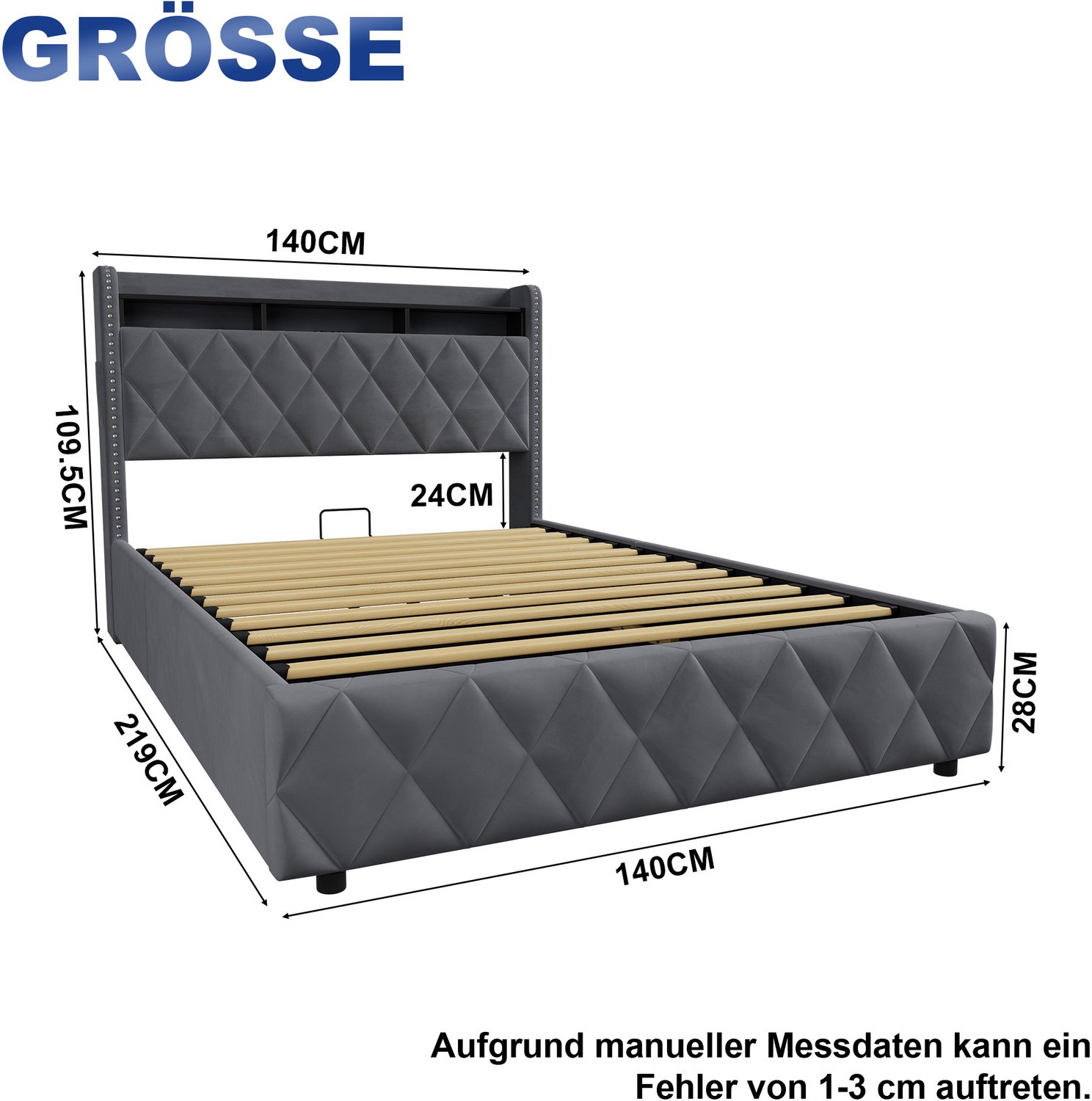 HAUSS SPOLE Gestoffeerd Bed 140x200cm - Tweepersoonsbed Met Ledverlichting, Oplaadpunten En Opbergruimte - Zonder Matras - Fluweel - Donkergrijs