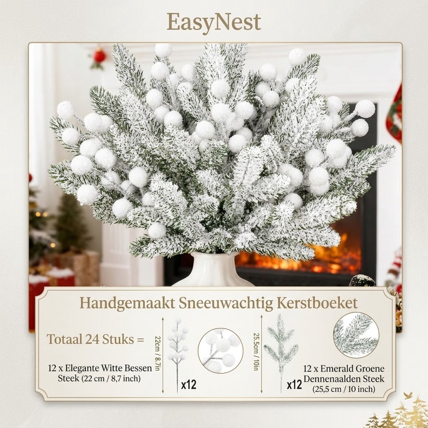 24 Stuks Kunstmatige Kerstdecoratie – Kersttakken met Kunstsneeuw en Bevroren Bessen – Kunst Dennennaalden en Kerstbloemen – Winterdecoratie voor Kerstboom, Kerstkrans, Vaas, Tafel en Winterbruiloft – foto 4