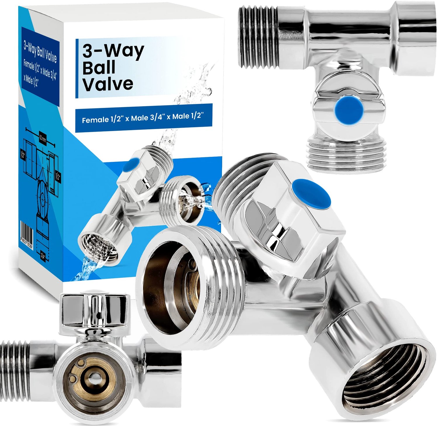 3-Weg Kogelklep T-Port, 1/2 Inch IG x 3/4 Inch AG x 1/2 Inch AG