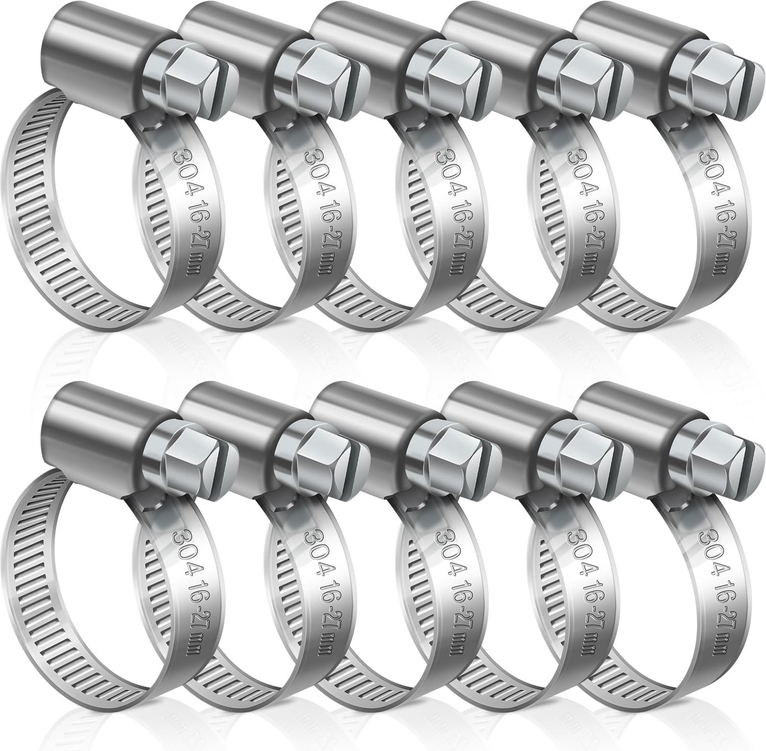 Set van 10 Roestvrijstalen Slangklemmen 16-27 mm