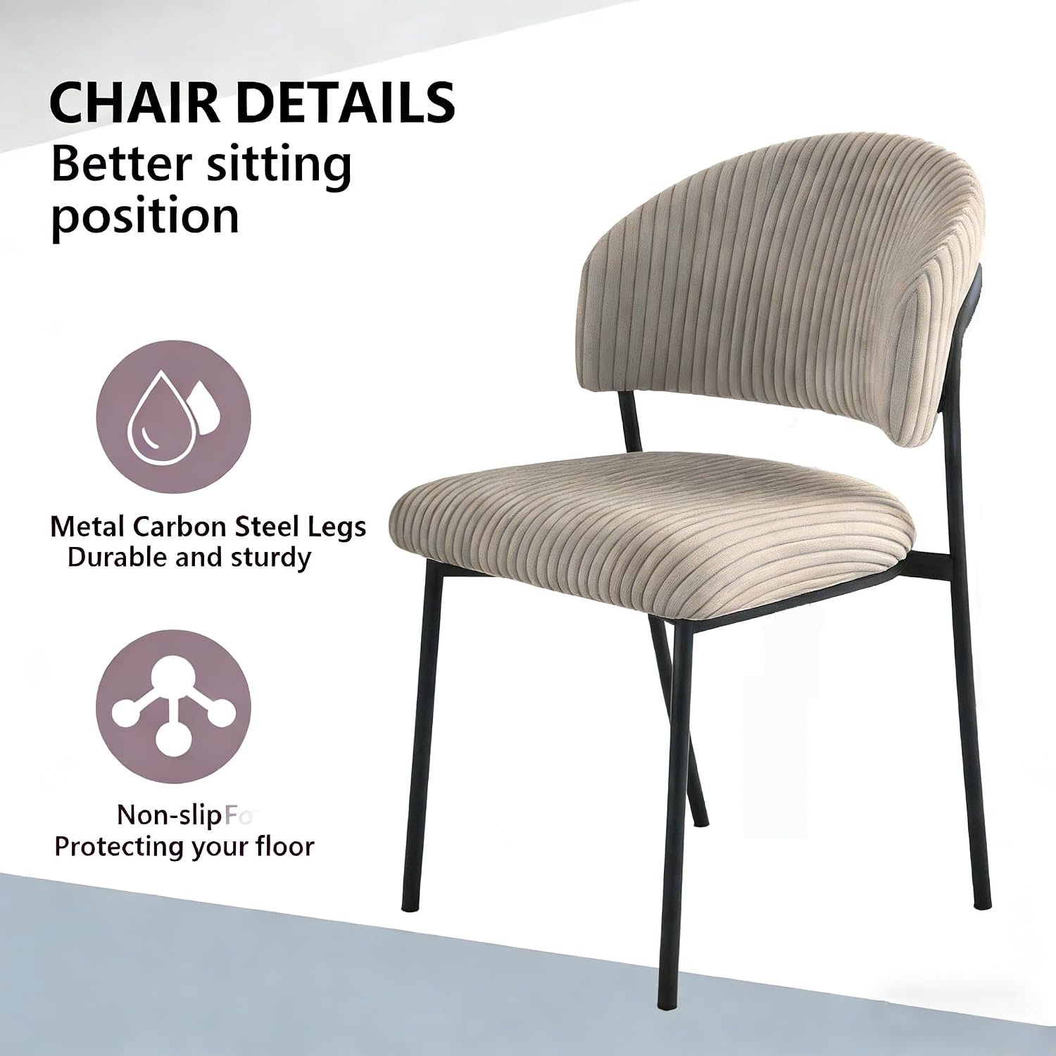 Luxe Ribfluwelen Eetkamerstoelen Set van 4 – Grijs – Ergonomische Gebogen Rugleuning – Zachte Gestoffeerde Keukenstoelen – Metalen Koolstofstalen Poten – 150 kg Draagvermogen