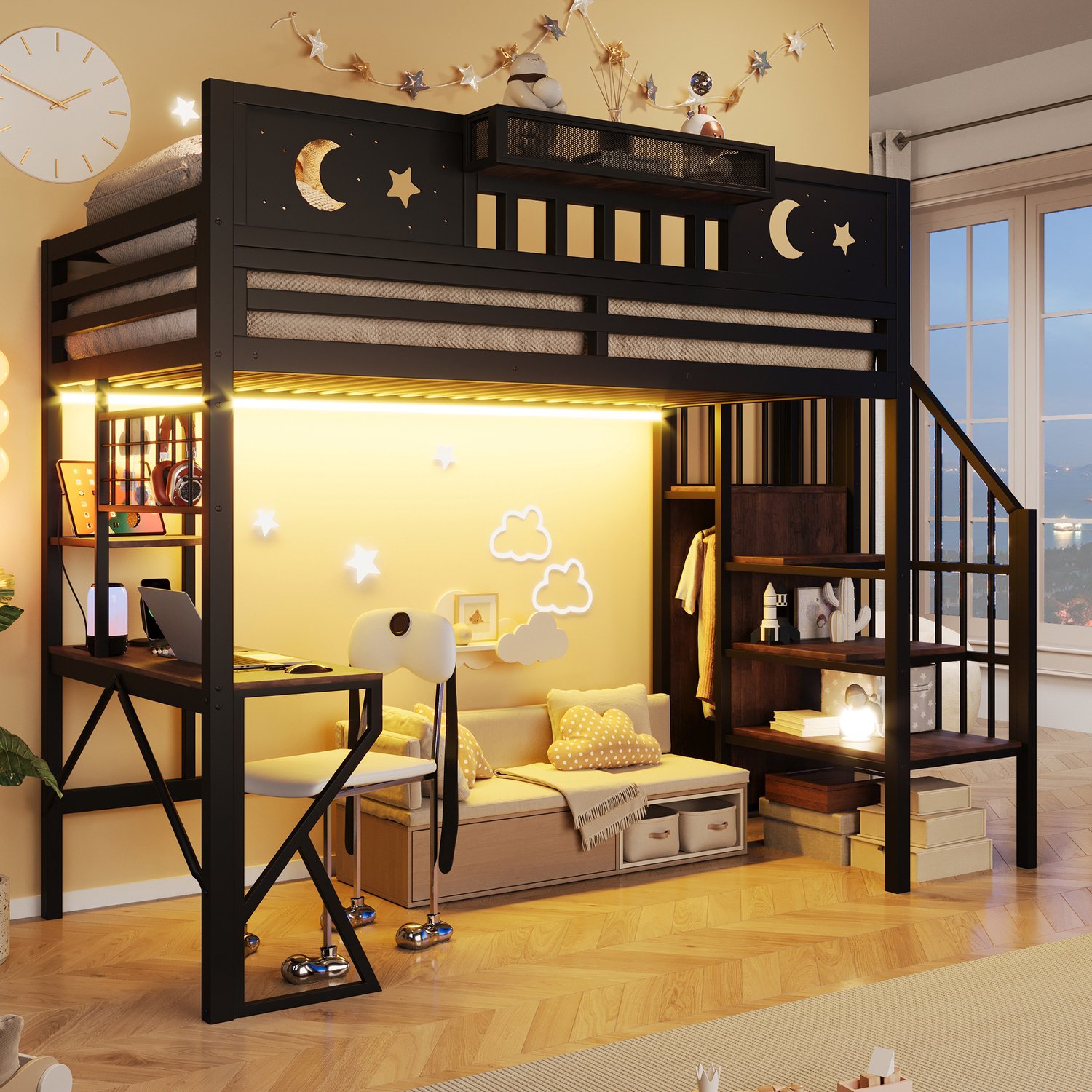MIVRAY Hoogslaper 90 x 200 cm - Bureau met Ledverlichting en Usb-Aansluiting - Veiligheidshek - Kinderkamer - Metaal en MDF - Zwart Zonder Matras