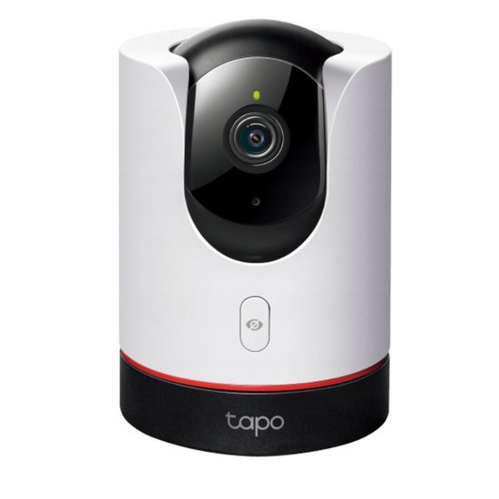 Witte en zwarte Tapo beveiligingscamera voor binnengebruik met een privacy-knop en rode accentring.