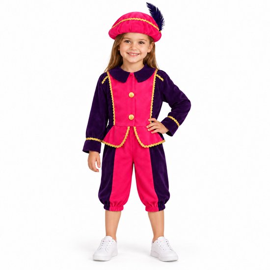 Kind in roze en paars pietenpak met gouden biezen en baret met veer, hand in de zij.